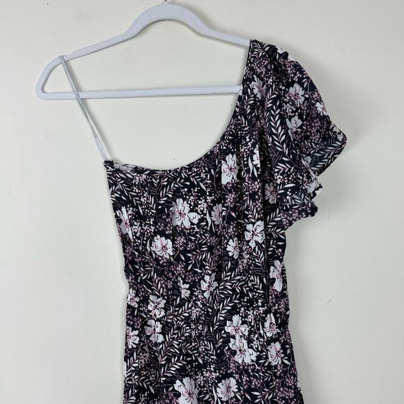 Bobi Black Floral Printed Crepe One Shoulder Ruffle Dress NWT Size Small - Picture 7 of 9